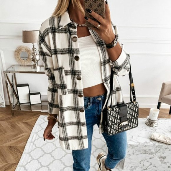 New Plaid Stripe Oversized Flannel Shirt Shacket - Picture 6 of 8